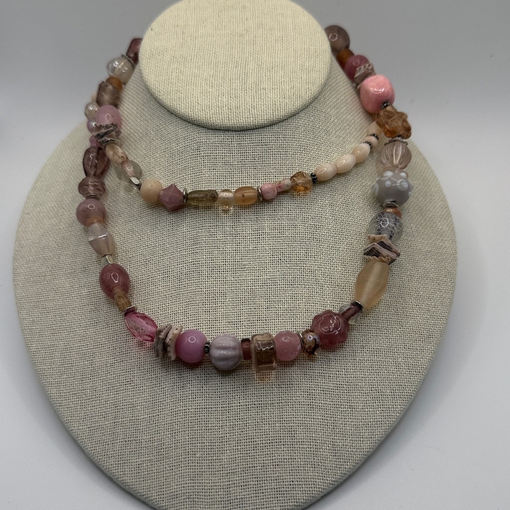 Custom made necklace hand-blown glass beads rhinestones silvertone S-hook clasp.